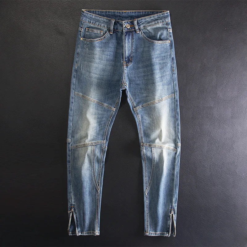 Splicing slim fit small leg jeans, men's retro pants with zipper cuffs, stylish and versatile elastic motorcycle long pants
Splicing slim fit small leg jeans, men's retro pants with zipper cuffs, stylish and versatile elastic motorcycle long pants