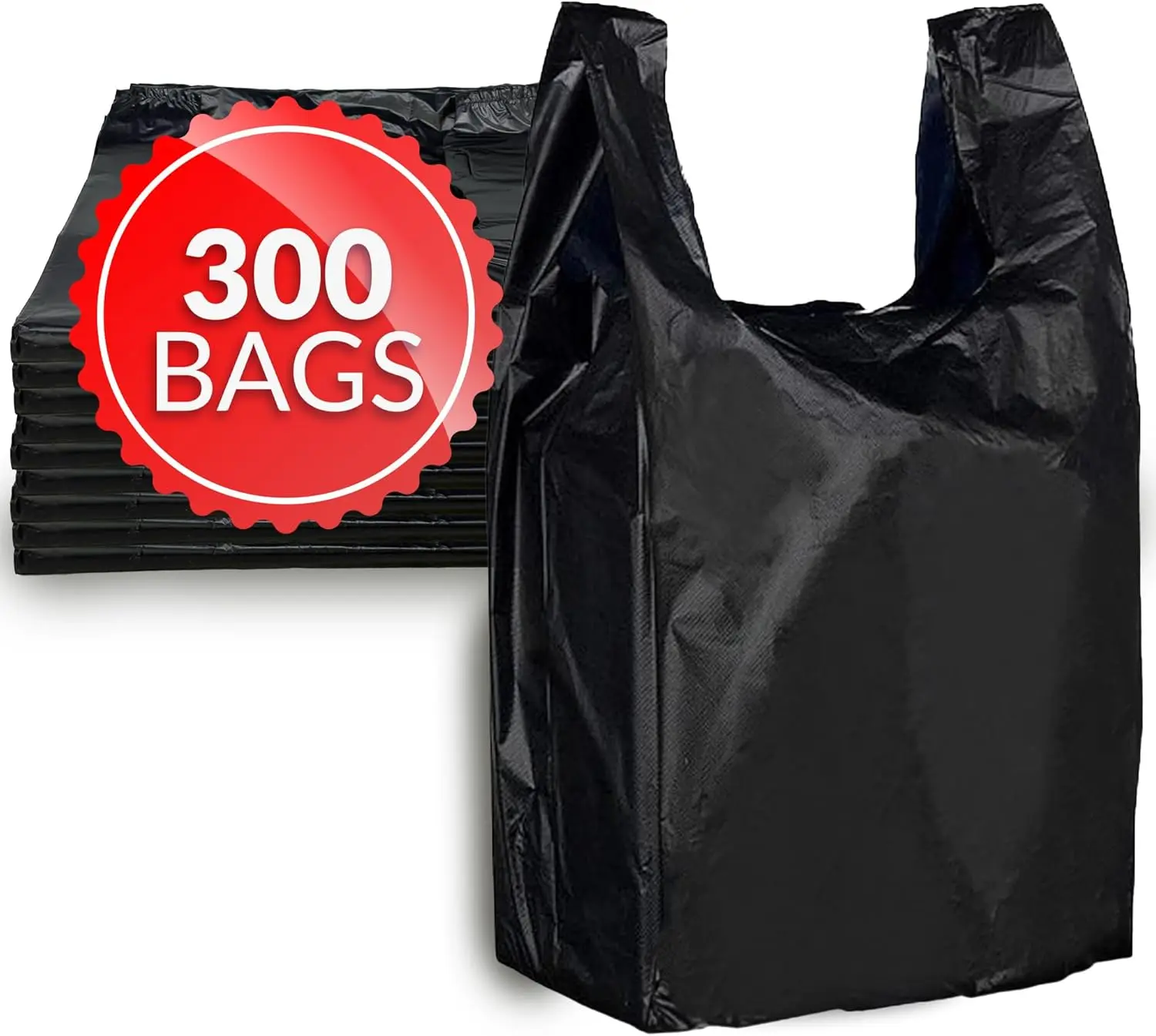300 Count Black T-shirt Bags, 11.5" x 6.5" x 21", Plain Plastic for Grocery Shopping Restaurants
300 Count Black T-shirt Bags, 11.5" x 6.5" x 21", Plain Plastic for Grocery Shopping Restaurants