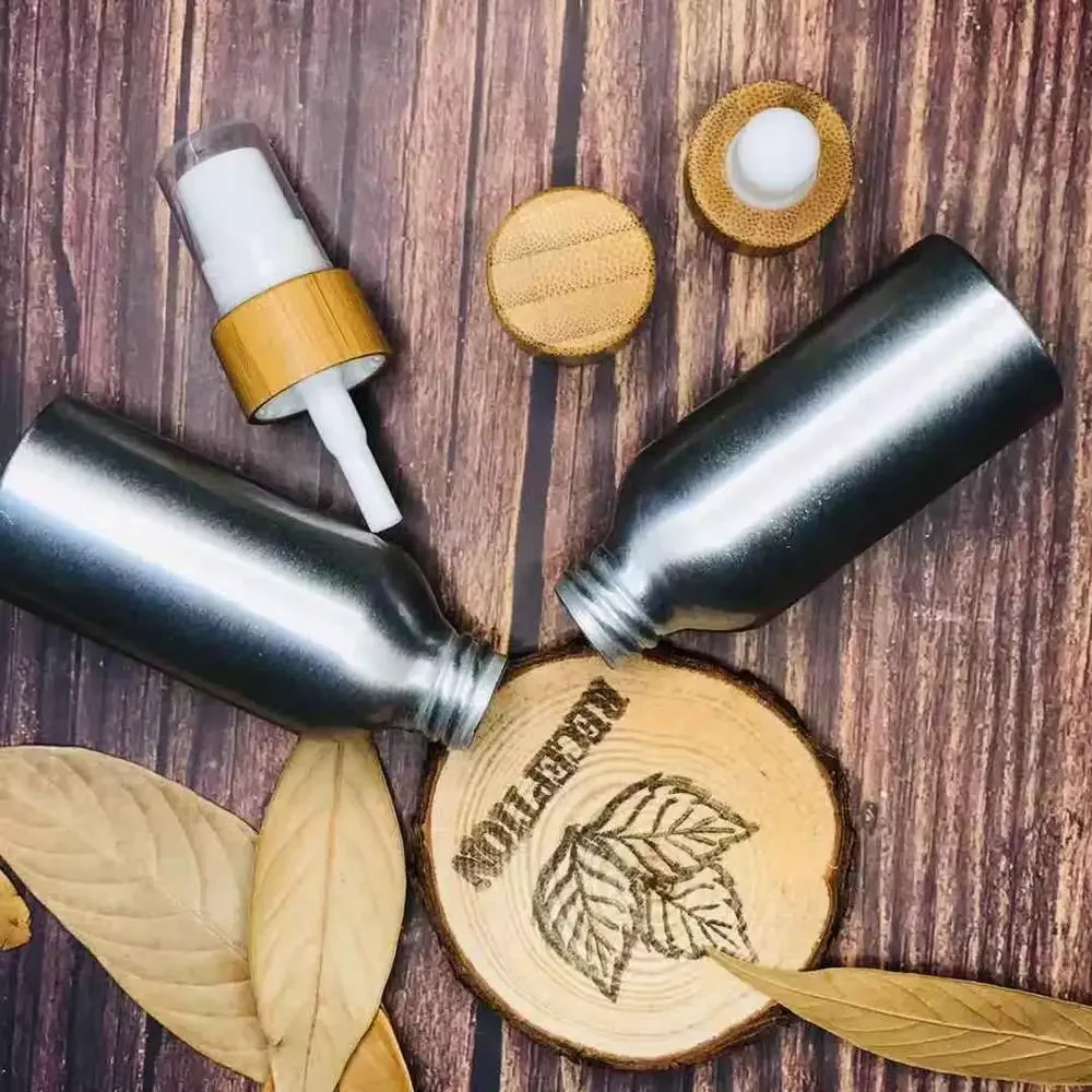 Empty Refillable Aluminum Perfume bottle, cosmetics hand bamboo lotion pump top , shampoo lotion pump Spray Bottle wooden caps 
Empty Refillable Aluminum Perfume bottle, cosmetics hand bamboo lotion pump top , shampoo lotion pump Spray Bottle wooden caps