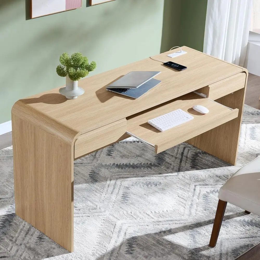 Natural Wood Curved Executive Desk with Storage, 2 Drawers, and Power Outlet for Home Office or Study
Natural Wood Curved Executive Desk with Storage, 2 Drawers, and Power Outlet for Home Office or Study