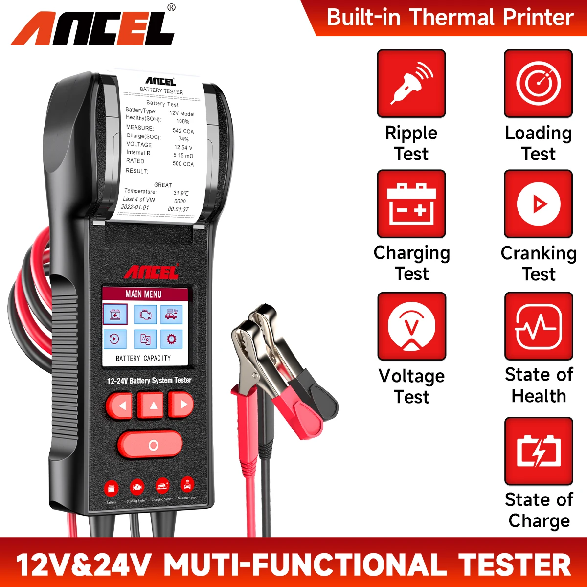 ANCEL BST600 Car Battery Tester with Printer 12V/24V 100-2000 CCA Digital Auto Battery Load Tester Cranking and Charging
ANCEL BST600 Car Battery Tester with Printer 12V/24V 100-2000 CCA Digital Auto Battery Load Tester Cranking and Charging