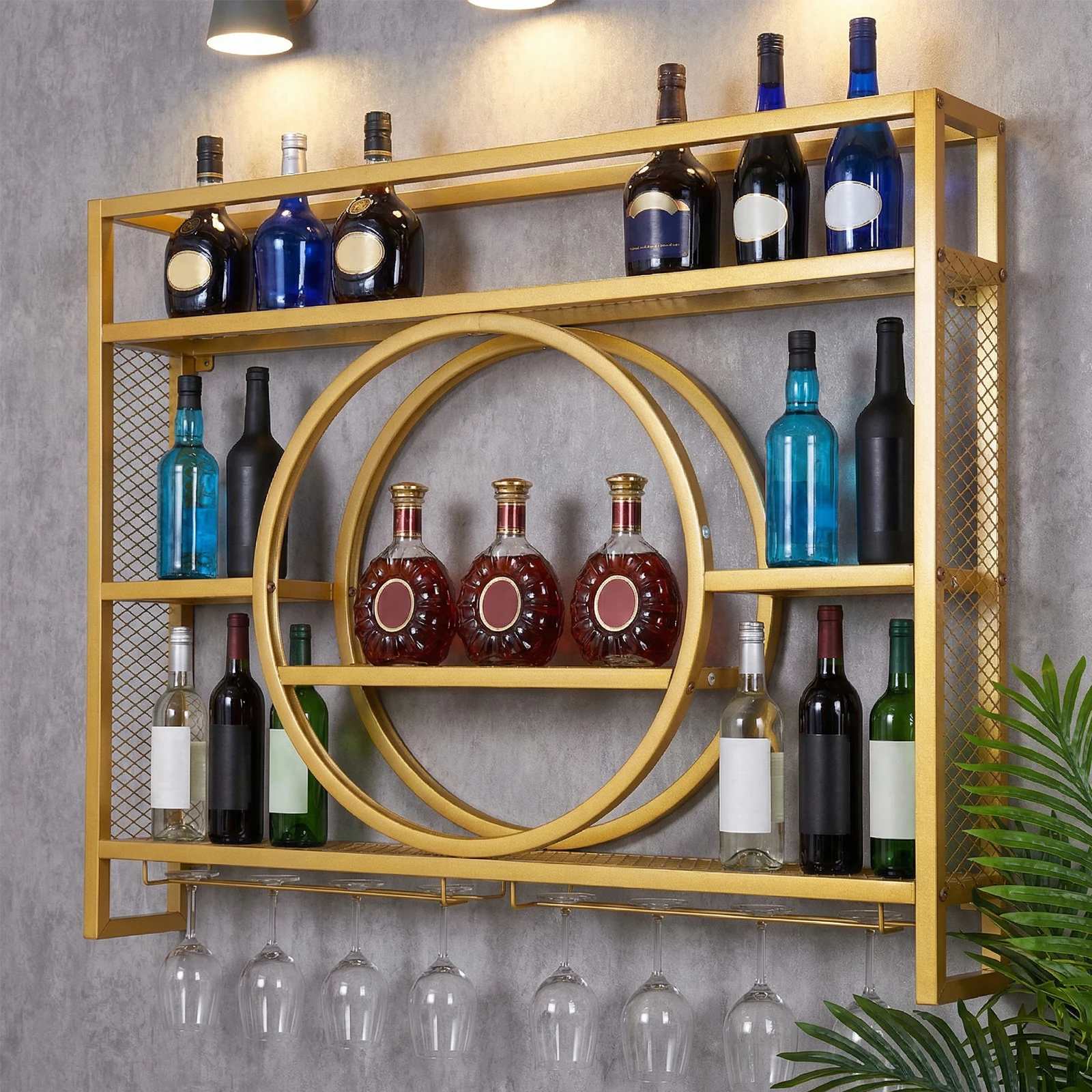 Liquor Bottles Bar Shelves Metal Wall Mounted Wine Rack 3 Tier with LED Light with Wine Glass Holder for Home Bar Dining Room
Liquor Bottles Bar Shelves Metal Wall Mounted Wine Rack 3 Tier with LED Light with Wine Glass Holder for Home Bar Dining Room