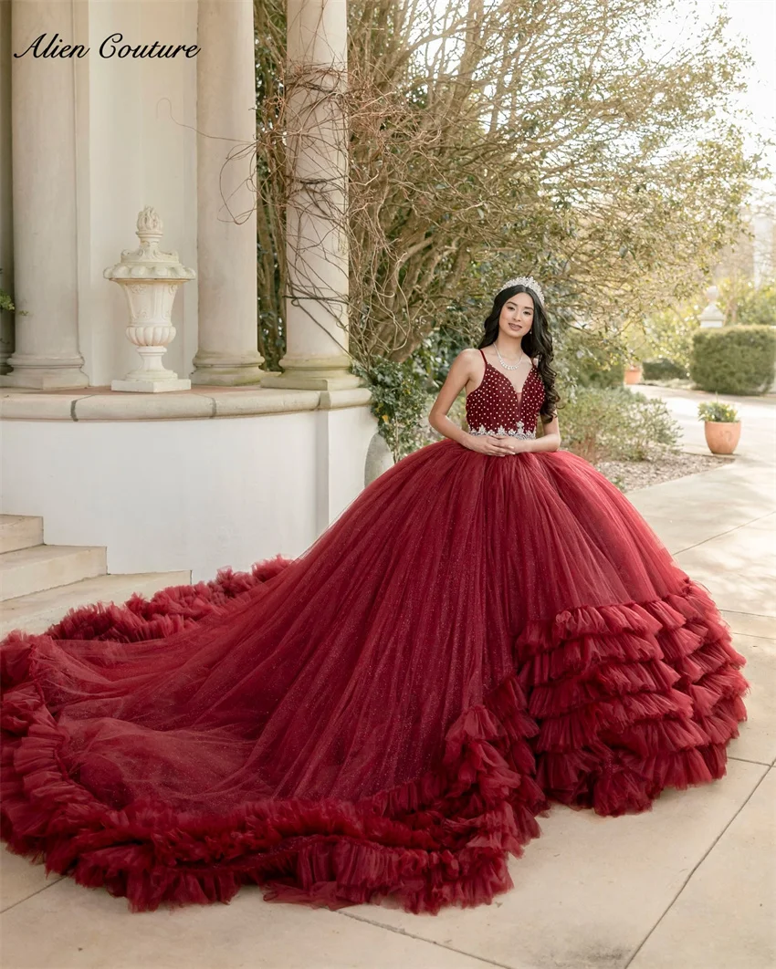 Wine Red Ball Gown Quinceanera Dress For Birthday Party Gowns Bead Diamonds Tiered Ruffle Mexico Robe Court Train Customized
Wine Red Ball Gown Quinceanera Dress For Birthday Party Gowns Bead Diamonds Tiered Ruffle Mexico Robe Court Train Customized