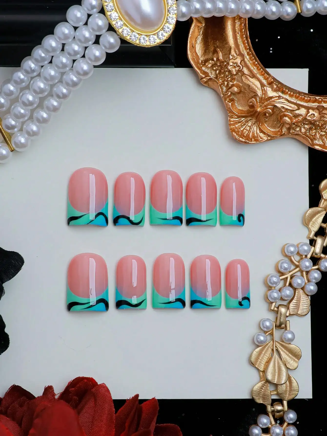 10pcs Spring/Summer Handmade Pressed Short Square Nail Stickers, Y2K Style, French Manicure Design With Blue To Green Ombre And Black Wavy Line, High-Quality Acrylic Fake Nails Suitable For Daily Wear And Festive Occasions For Women
10pcs Spring/Summer Handmade Pressed Short Square Nail Stickers, Y2K Style, French Manicure Design With Blue To Green Ombre And Black Wavy Line, High-Quality Acrylic Fake Nails Suitable For Daily Wear And Festive Occasions For Women