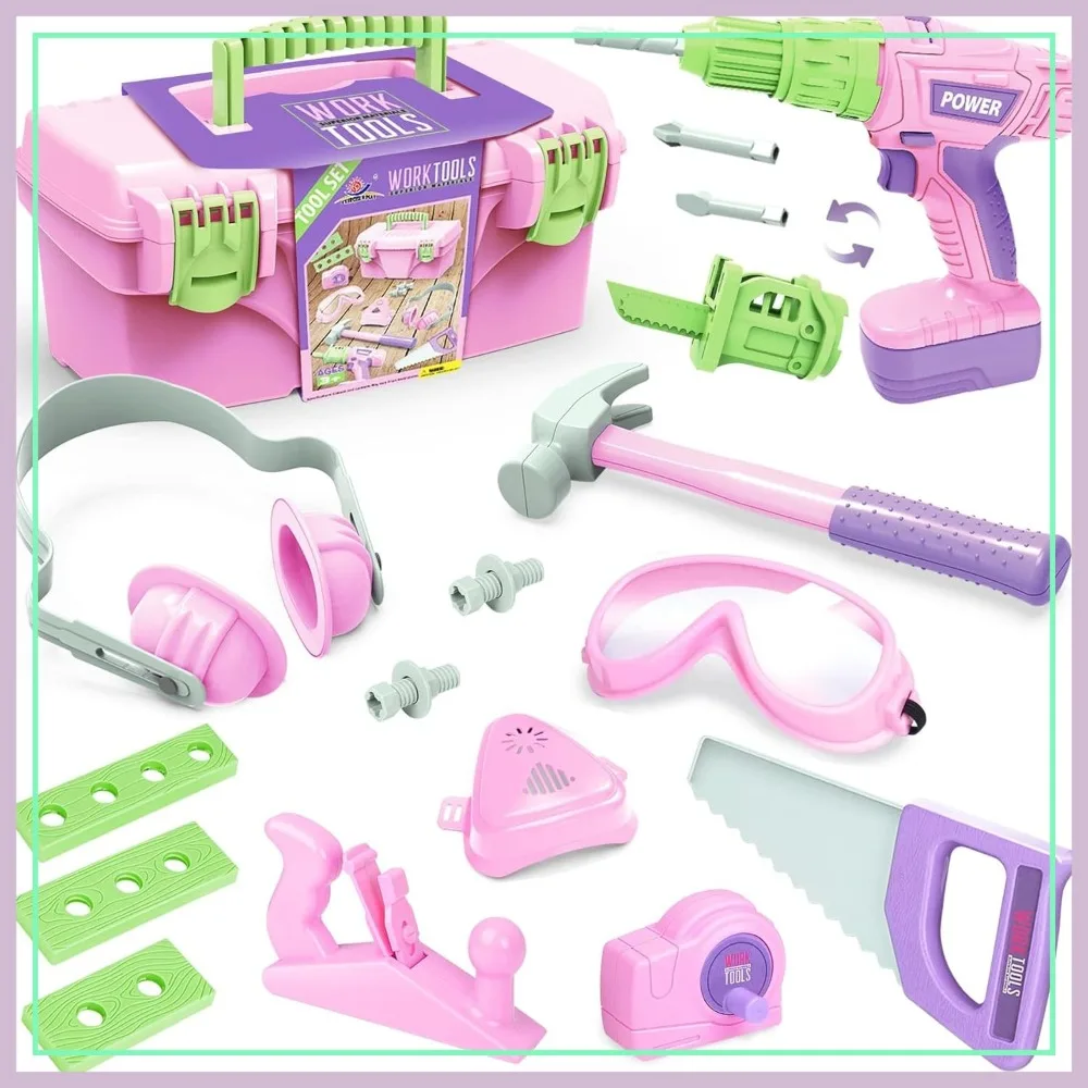 Kids Tool Set with Electric Toy Drill, Pretend Play Construction Tools for Toddlers, Pink Tool Box Gifts for Ages 3+
Kids Tool Set with Electric Toy Drill, Pretend Play Construction Tools for Toddlers, Pink Tool Box Gifts for Ages 3+