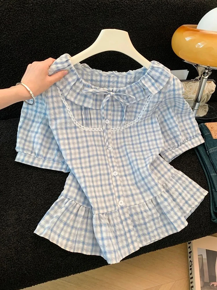 Summer Sweet Plaid Shirt Women Cute Short Sleeve Lace Patchwork Fashion Slim Blouse Casual Preppy Style Female Bow Lace Up Tops
Summer Sweet Plaid Shirt Women Cute Short Sleeve Lace Patchwork Fashion Slim Blouse Casual Preppy Style Female Bow Lace Up Tops