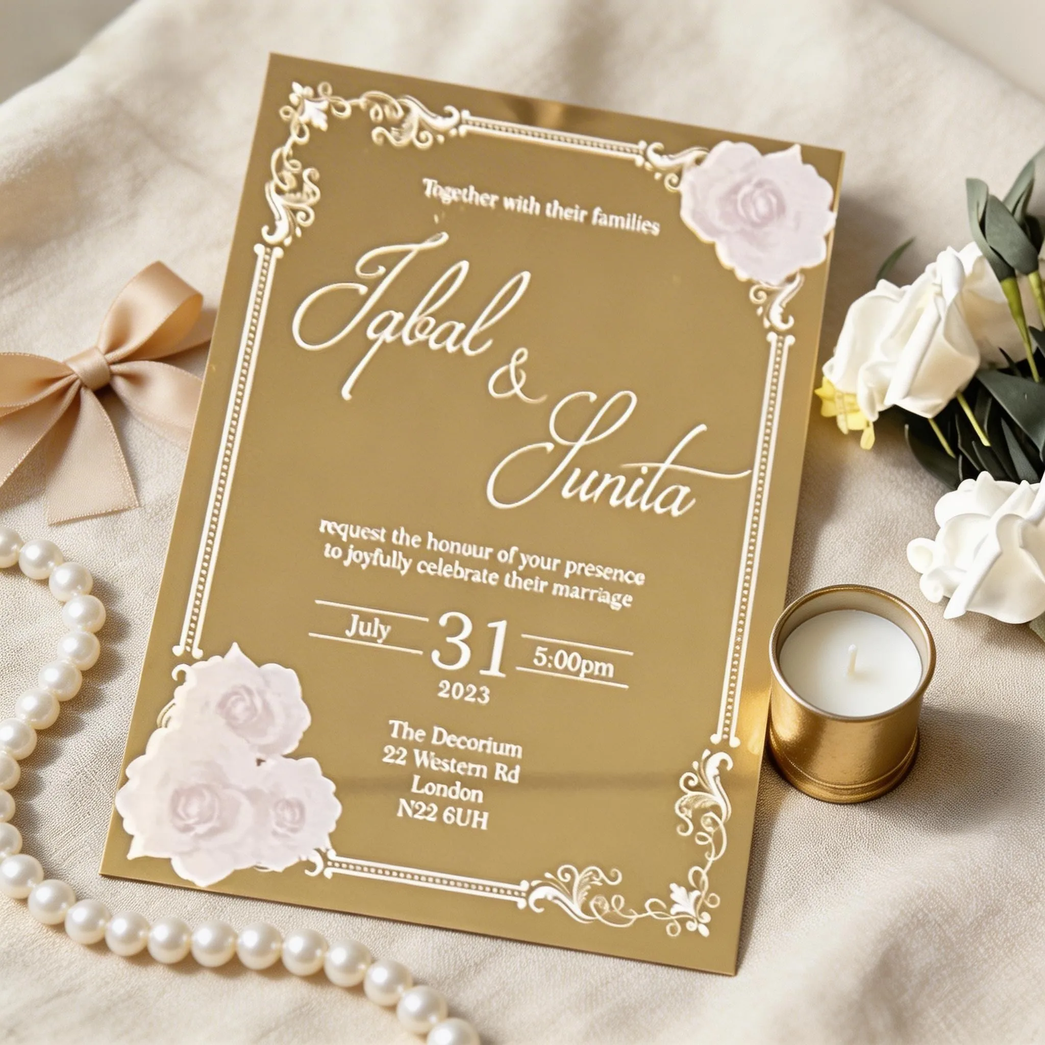 10Pcs Mirror Gold Acrylic Wedding Invitations,Custom White Floral Print,Personalized Quinceanera Birthday Invites,Party Favors
10Pcs Mirror Gold Acrylic Wedding Invitations,Custom White Floral Print,Personalized Quinceanera Birthday Invites,Party Favors