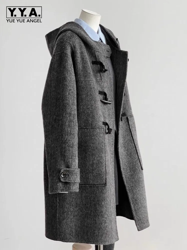 Women Cow Horn Buckle Gray Hooded Wool Blends Autumn Winter New Mid Length Woolen Coat Loose Fit Pocket Straight Casual Jacket
Women Cow Horn Buckle Gray Hooded Wool Blends Autumn Winter New Mid Length Woolen Coat Loose Fit Pocket Straight Casual Jacket