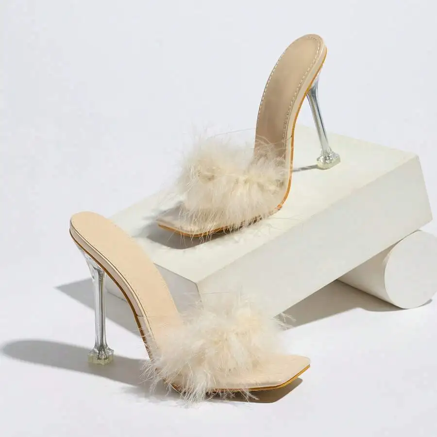 Nude Feather Trim Square Toe Stiletto Heel Slides Women Party Sandals
Nude Feather Trim Square Toe Stiletto Heel Slides Women Party Sandals