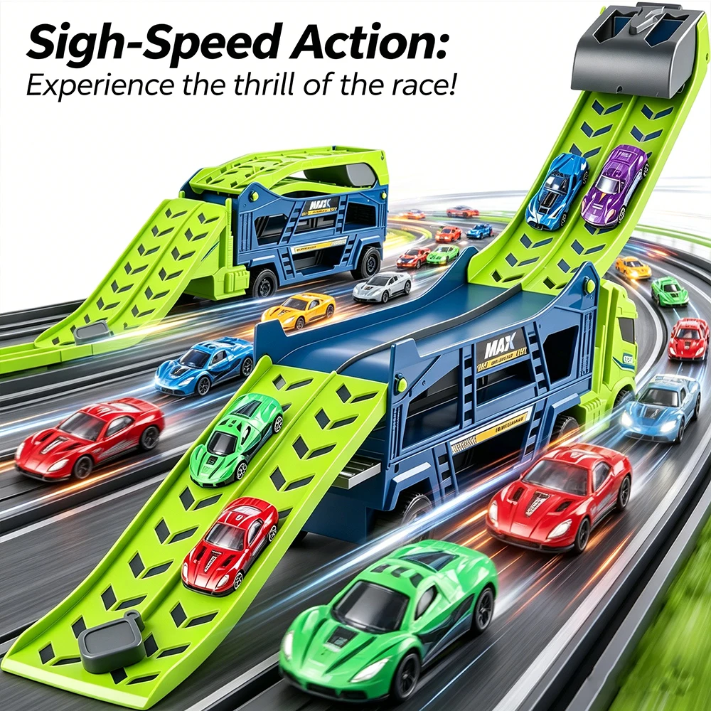 2-in-1 Dual Launch Car Hauler Truck Toy, Folding Race Track with Storage Compartment, Inertia Toy Vehicle Playset for Toddlers
2-in-1 Dual Launch Car Hauler Truck Toy, Folding Race Track with Storage Compartment, Inertia Toy Vehicle Playset for Toddlers