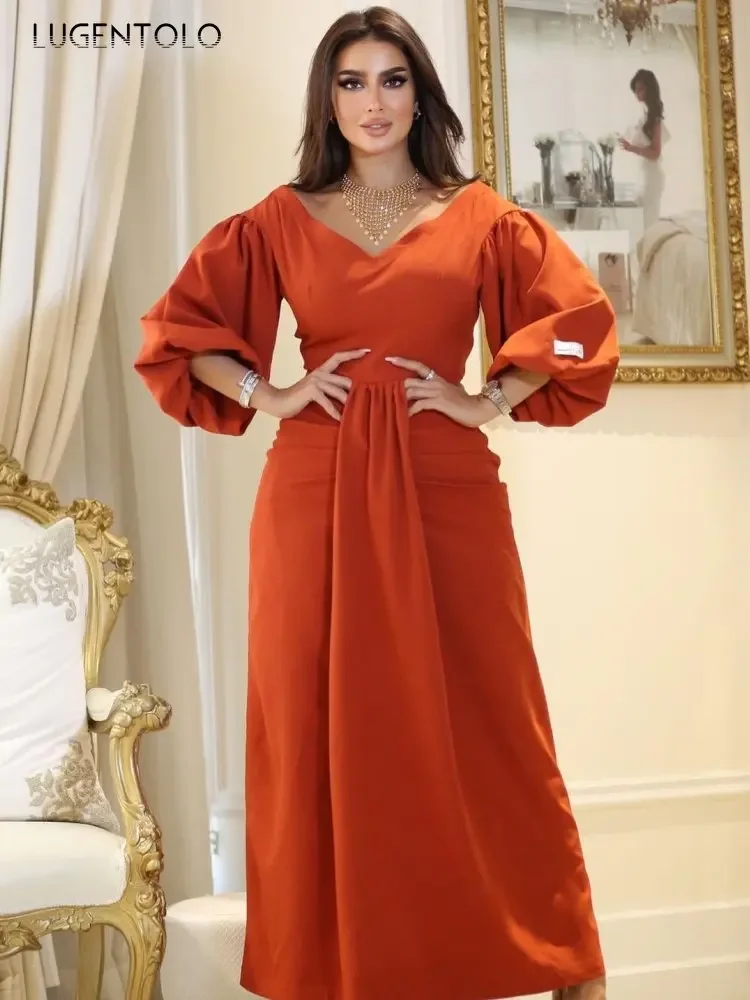 Elegant Dress Women V-neck High Waist Party Temperament Sexy Slim Lady Long Lantern Sleeve Orange Middle East Banquet Maxi Cloth
Elegant Dress Women V-neck High Waist Party Temperament Sexy Slim Lady Long Lantern Sleeve Orange Middle East Banquet Maxi Cloth