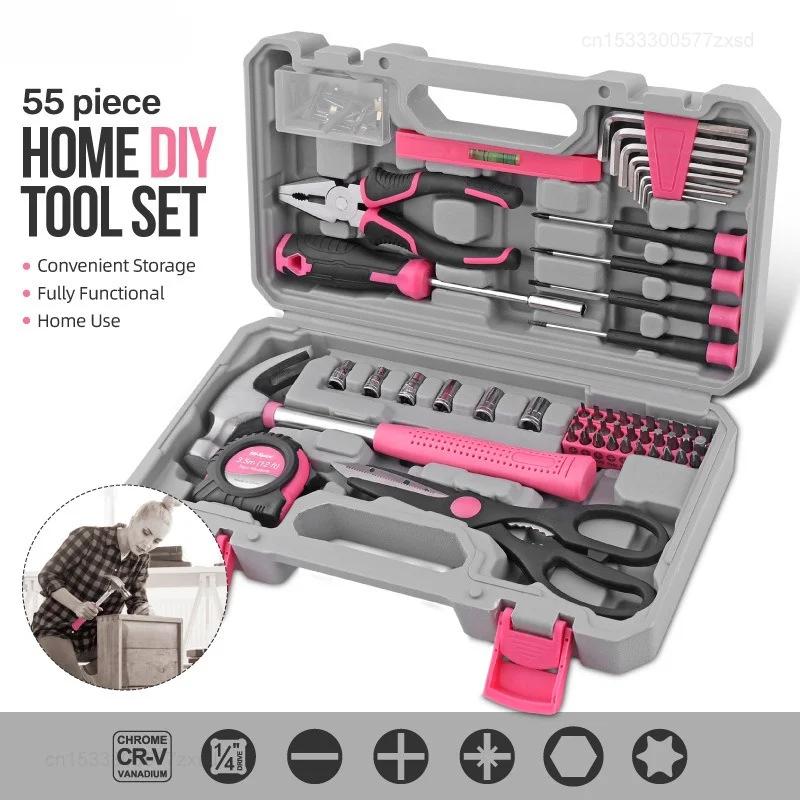 55Pcs Pink DIY Tool Kit CR-V Steel Household Tool Set Grils Home & Office Maintenance Hand Tools Set DIY Gift Tools for Women
55Pcs Pink DIY Tool Kit CR-V Steel Household Tool Set Grils Home & Office Maintenance Hand Tools Set DIY Gift Tools for Women
