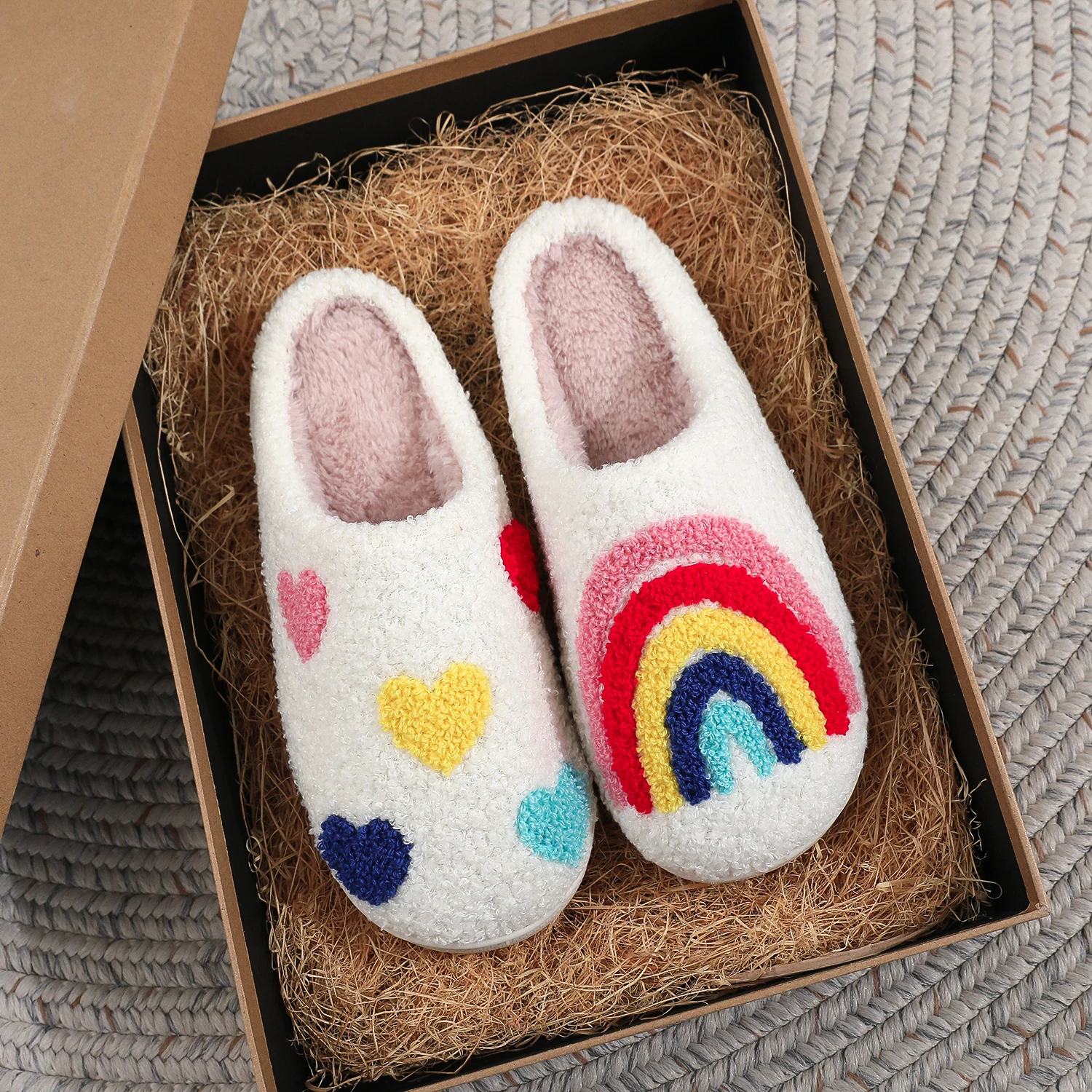 A Pair of Cute Rainbow Heart Embroidered Plush Slippers for Women, Comfortable Furry Home Slippers with Soft Soles for the Bedroom, Warm Non-Slip Indoor Slippers, Lightweight, Silent, and Comfortable Shoes for Women, a Top Choice for Holiday Gifts for Cou
A Pair of Cute Rainbow Heart Embroidered Plush Slippers for Women, Comfortable Furry Home Slippers with Soft Soles for the Bedroom, Warm Non-Slip Indoor Slippers, Lightweight, Silent, and Comfortable Shoes for Women, a Top Choice for Holiday Gifts for Cou