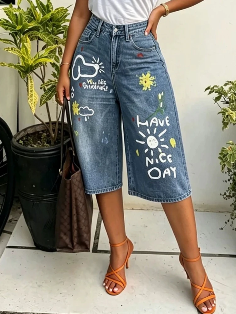 2026 Summer New Women's Pockets Calf Length Pants Hot Casual Doodle Denim Jeans Mid Waist Fashion Streetwear Trousers Pants
2026 Summer New Women's Pockets Calf Length Pants Hot Casual Doodle Denim Jeans Mid Waist Fashion Streetwear Trousers Pants