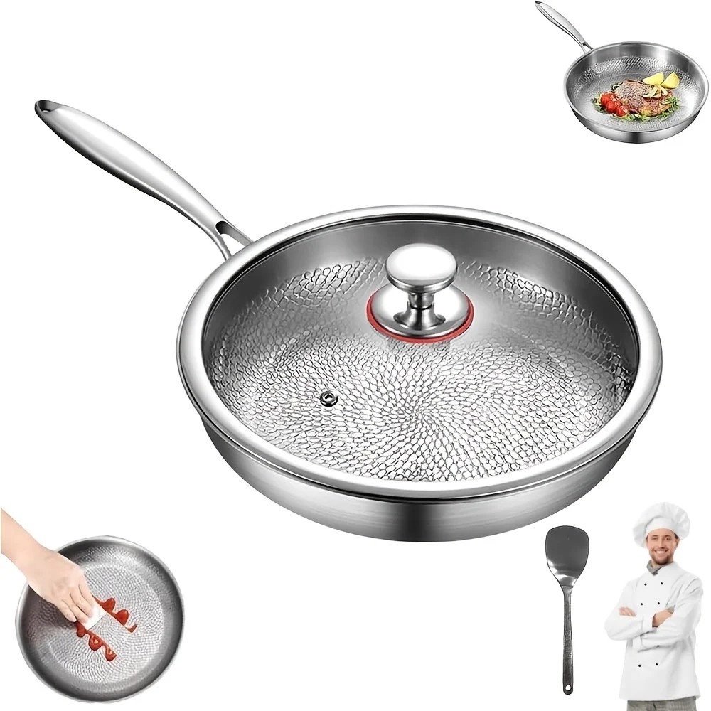 Premium Hammered Texture Titanium Golden Frying Pan with Lid, Upgraded Non-Coated Titanium Golden Professional Cookware. Suitable for All Stovetops, Easy to Clean. This Is a Metal Pan Without Chemical Coatings. The Microscopic Surface Is Not
Premium Hammered Texture Titanium Golden Frying Pan with Lid, Upgraded Non-Coated Titanium Golden Professional Cookware. Suitable for All Stovetops, Easy to Clean. This Is a Metal Pan Without Chemical Coatings. The Microscopic Surface Is Not