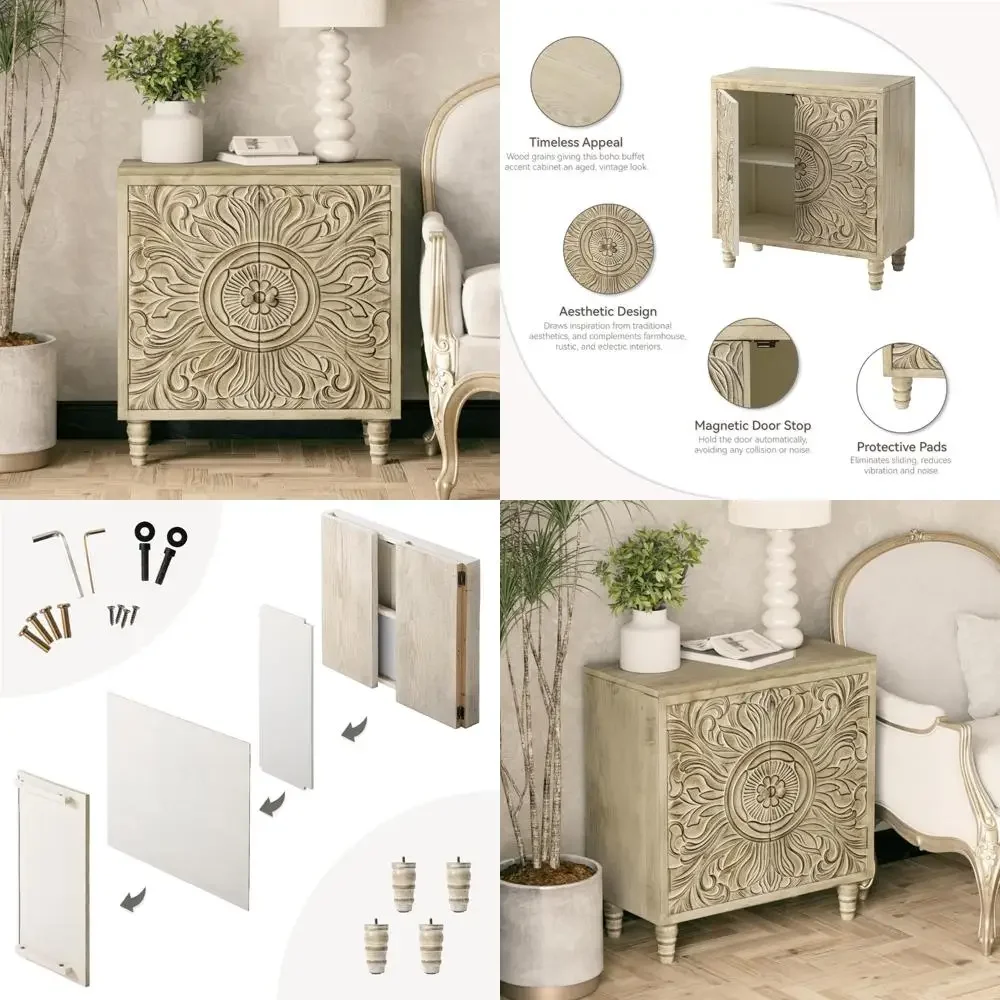 Rustic French Country Style Storage Cabinet with Carved Flower Front and Weathered White Finish
Rustic French Country Style Storage Cabinet with Carved Flower Front and Weathered White Finish