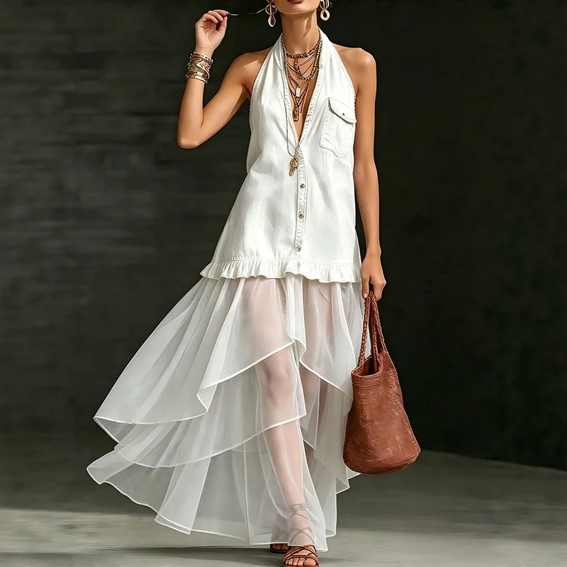 Casual Sleeveless Loose Holiday Dress Chiffon Patchwork Irregular Women's Long Dresses Simple Solid Halter Commuting Denim Dress
Casual Sleeveless Loose Holiday Dress Chiffon Patchwork Irregular Women's Long Dresses Simple Solid Halter Commuting Denim Dress