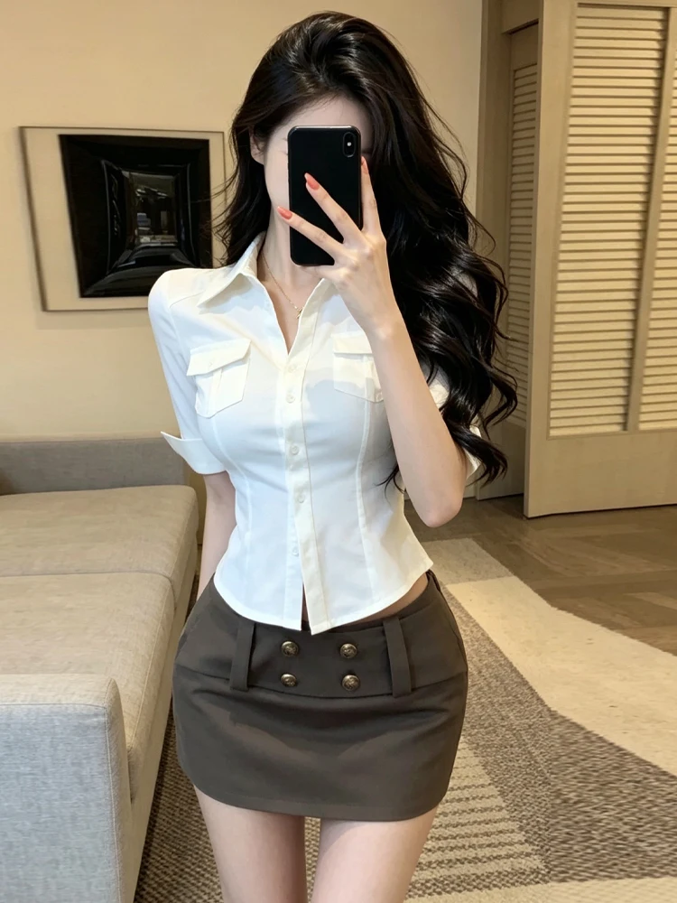 Sexy Spicy Girl Pure Desire Waist-Cinching Shirt Top High Waist Slimming Short Skirt Set Turn-down Collar Workwear Half-length
Sexy Spicy Girl Pure Desire Waist-Cinching Shirt Top High Waist Slimming Short Skirt Set Turn-down Collar Workwear Half-length
