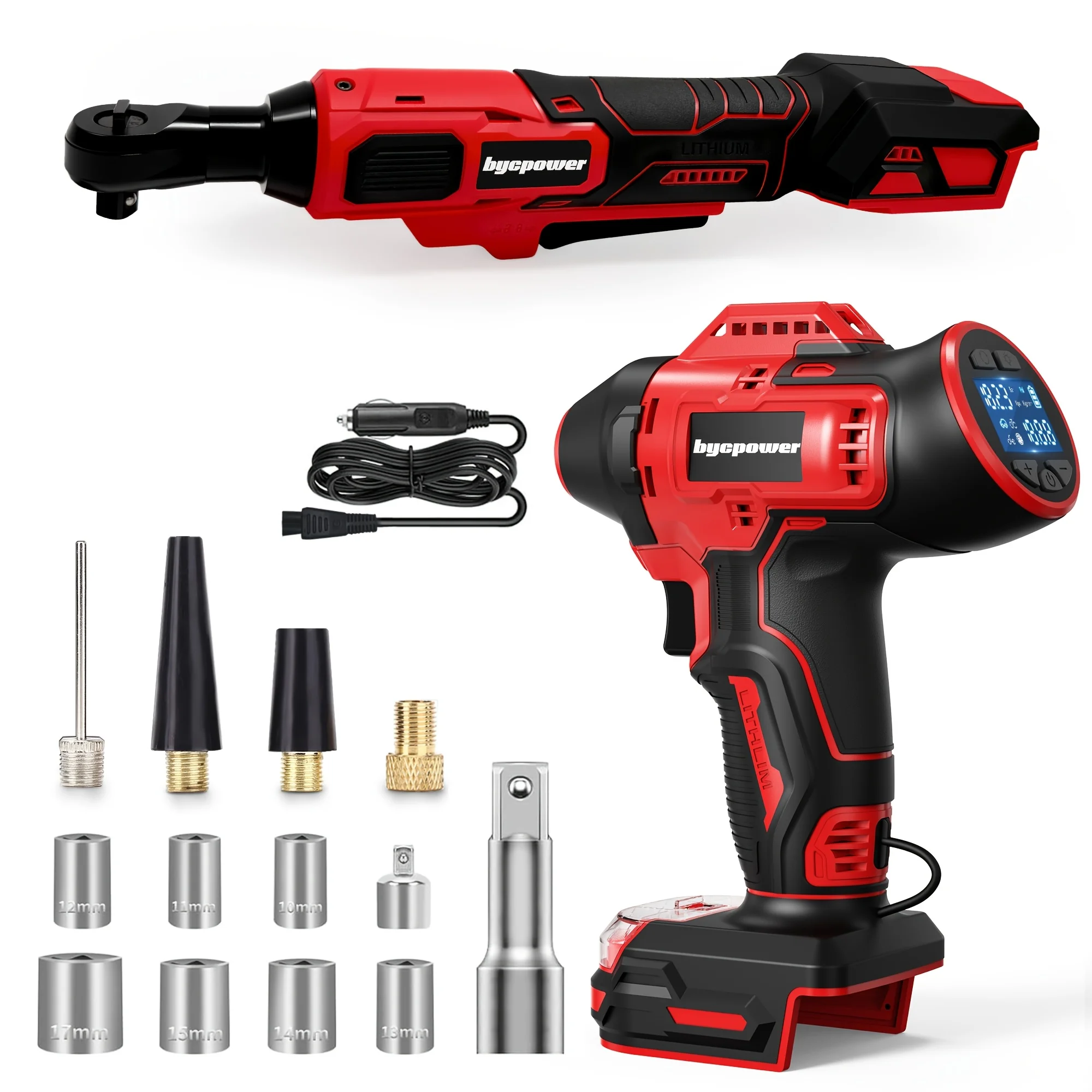 Portable Air Compressor And Ratchet Wrench Set, Compatible with 18V Batteries. The Wrench Features a 61N.M Ratchet Drive And Comes with 7 Attachments. The 160PSI Portable Electric Air Pump Is Equipped with a Digital Pressure Gauge
Portable Air Compressor And Ratchet Wrench Set, Compatible with 18V Batteries. The Wrench Features a 61N.M Ratchet Drive And Comes with 7 Attachments. The 160PSI Portable Electric Air Pump Is Equipped with a Digital Pressure Gauge
