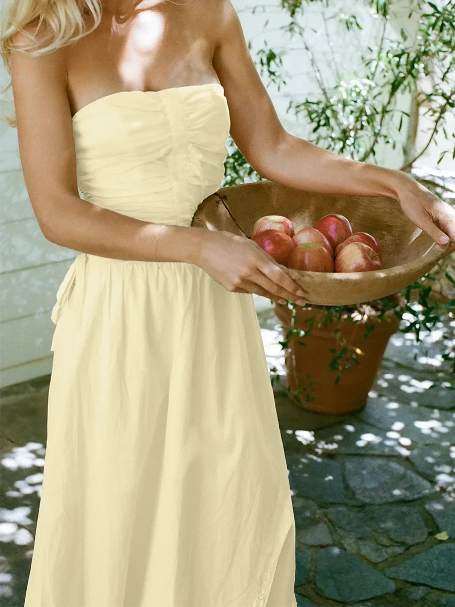 Sumuyoo Strapless dress 2026 summer light yellow pleated waist cinched side lace up backless long skirt
Sumuyoo Strapless dress 2026 summer light yellow pleated waist cinched side lace up backless long skirt