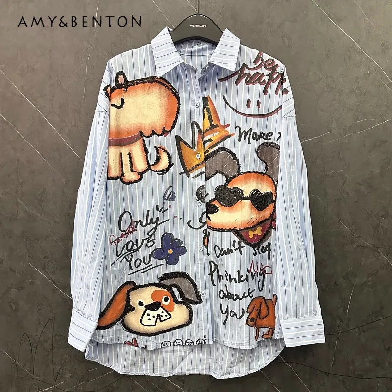 Cartoon Striped Long-sleeved Shirt Women's Loose Medium And Long Versatile Casual Shirt Top 2025 Spring Summer New Kawaii Blouse
Cartoon Striped Long-sleeved Shirt Women's Loose Medium And Long Versatile Casual Shirt Top 2025 Spring Summer New Kawaii Blouse