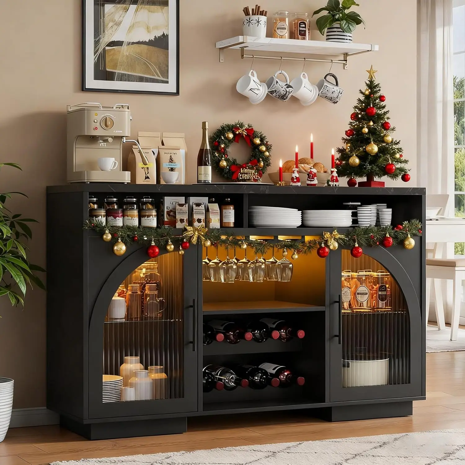 Sideboard Buffet Cabinet, 54" Kitchen Cabinet with LED Lights & Arched Glass Doors, Tall Bar Cabinets with 2 Adjustable Shelves,
Sideboard Buffet Cabinet, 54" Kitchen Cabinet with LED Lights & Arched Glass Doors, Tall Bar Cabinets with 2 Adjustable Shelves,
