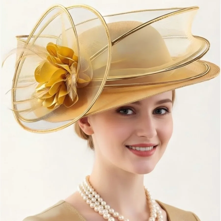 Women Elegant Fascinator Fedoras Bridal Large Brim Hat Female Mesh Headwear Headpiece Women Luxury Designer Bonnet
Women Elegant Fascinator Fedoras Bridal Large Brim Hat Female Mesh Headwear Headpiece Women Luxury Designer Bonnet