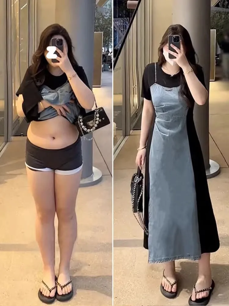 Summer Korean Style Denim A-Line Dress Women's plus Size Slimming Short Sleeve Belly Covering Dress Casual round Neck Dress
Summer Korean Style Denim A-Line Dress Women's plus Size Slimming Short Sleeve Belly Covering Dress Casual round Neck Dress