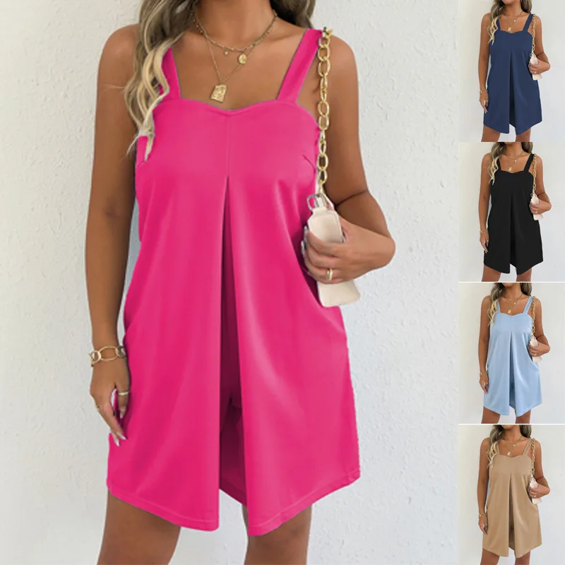 Women's Short Jumpsuits One Pieces Solid Color Casual Loose Sleeveless Rompers Spaghetti Straps Casual Vest Skirt with Pockets
Women's Short Jumpsuits One Pieces Solid Color Casual Loose Sleeveless Rompers Spaghetti Straps Casual Vest Skirt with Pockets