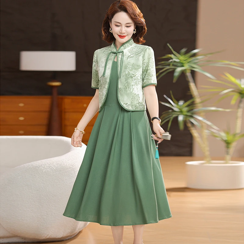 Summer Dress Women Middle-aged New 2 Pieces Set Retro Print Long Dress Casual Beach Sleeveless Midi Dress Shirt Sets Vestidos
Summer Dress Women Middle-aged New 2 Pieces Set Retro Print Long Dress Casual Beach Sleeveless Midi Dress Shirt Sets Vestidos