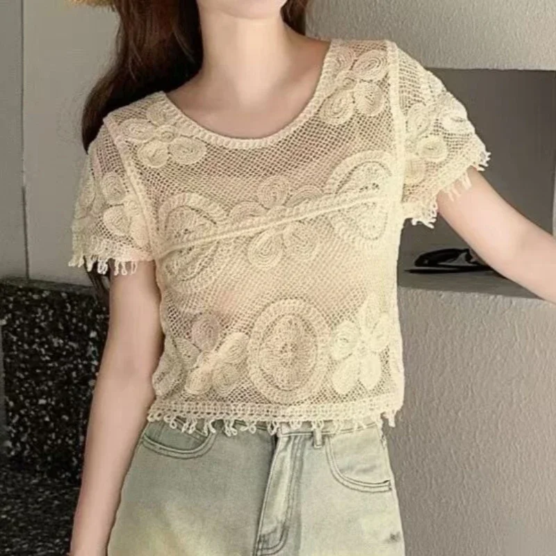 Short Sleeve Crochet Top Semi Sheer Hollow-out Round Neck Floral Embroidered Lace Blouse French Chic Summer Festival Outfit
Short Sleeve Crochet Top Semi Sheer Hollow-out Round Neck Floral Embroidered Lace Blouse French Chic Summer Festival Outfit