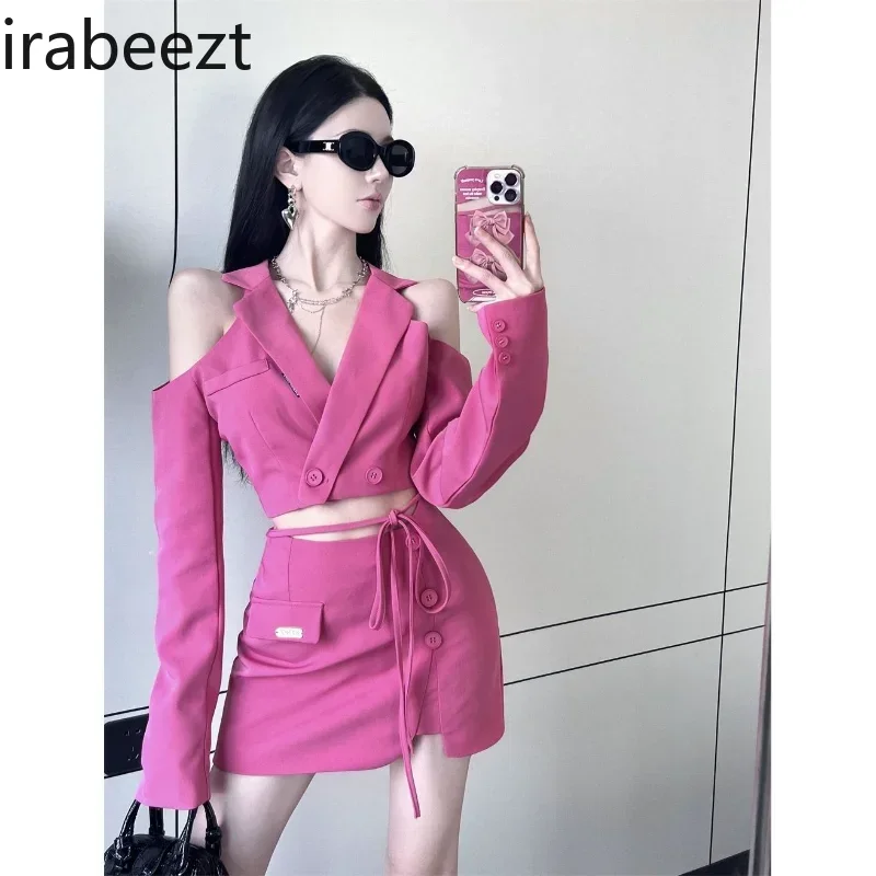 Комплект с розовой юбкой Irabeezt, однотонные блейзеры с отложным воротником и открытыми плечами, топы, мини-юбка с разрезом, соблазнительные комплекты из двух предметов в Корейском стиле, женская одежда
Комплект с розовой юбкой Irabeezt, однотонные блейзеры с отложным воротником и открытыми плечами, топы, мини-юбка с разрезом, соблазнительные комплекты из двух предметов в Корейском стиле, женская одежда
