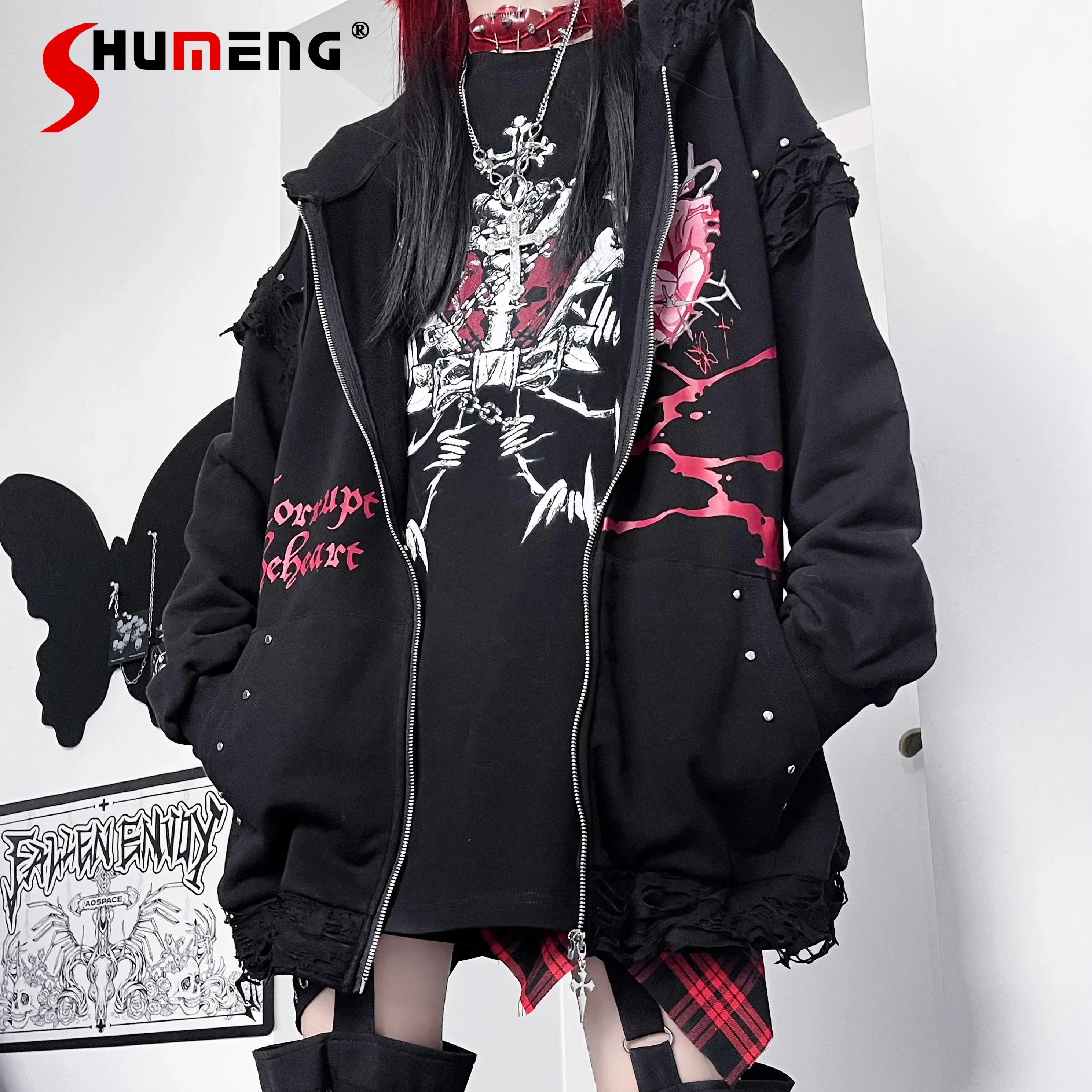 Subculture Gothic Black Hooded Hoodies Spring Women's Black Letter Printed Loose Zip Cardigan Jacket Student Aesthetic Clothing
Subculture Gothic Black Hooded Hoodies Spring Women's Black Letter Printed Loose Zip Cardigan Jacket Student Aesthetic Clothing