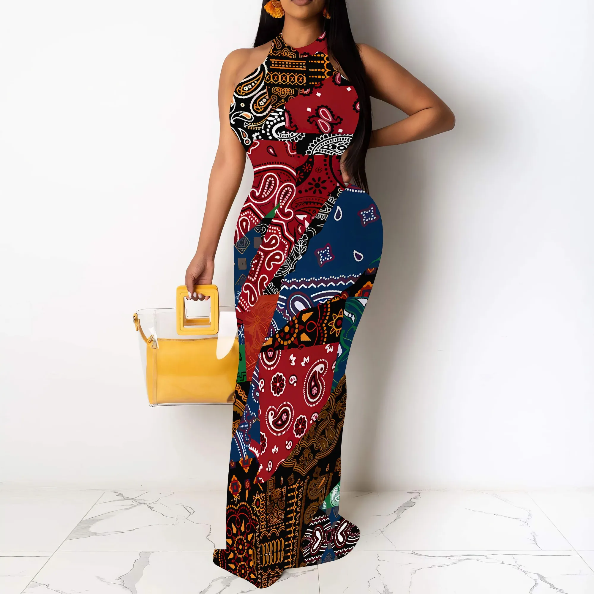 Ethnic Patchwork Halter Maxi Dress Sleeveless Bohemian Bodycon Long Dress Festival Wear
Ethnic Patchwork Halter Maxi Dress Sleeveless Bohemian Bodycon Long Dress Festival Wear