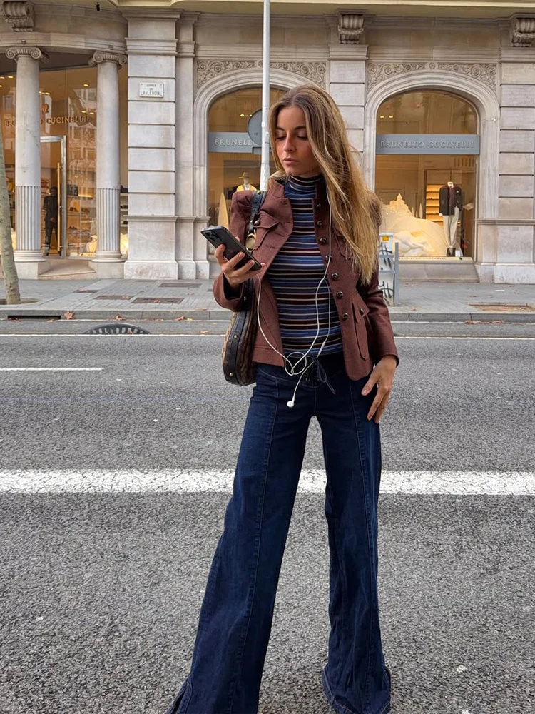 Women's Brown Slim Short Jacket Chic Full Sleeve Stand Collar Single Breasted Multi-pocket Coat 2026 Daily Spring Autumn Wear
Women's Brown Slim Short Jacket Chic Full Sleeve Stand Collar Single Breasted Multi-pocket Coat 2026 Daily Spring Autumn Wear