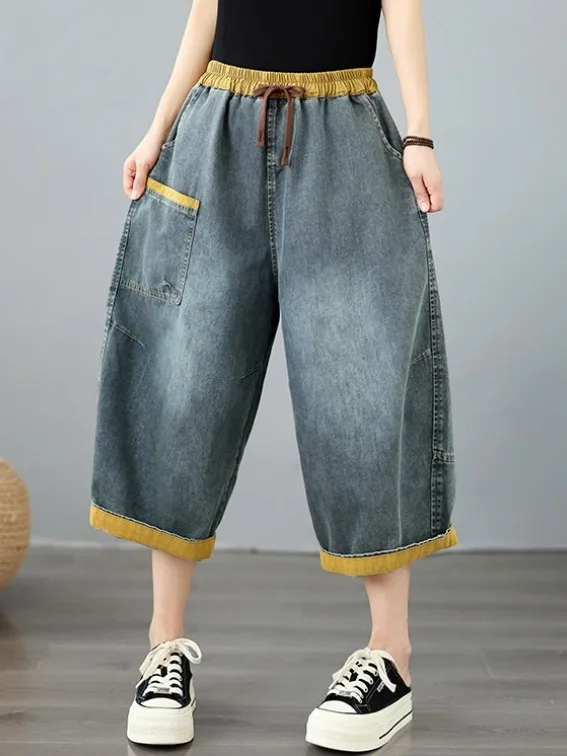 Washed Denim Loose Slimming Summer New Style plus Size Women's Clothing Color Block Elastic Waist Printed Seven-Foot Pants
Washed Denim Loose Slimming Summer New Style plus Size Women's Clothing Color Block Elastic Waist Printed Seven-Foot Pants