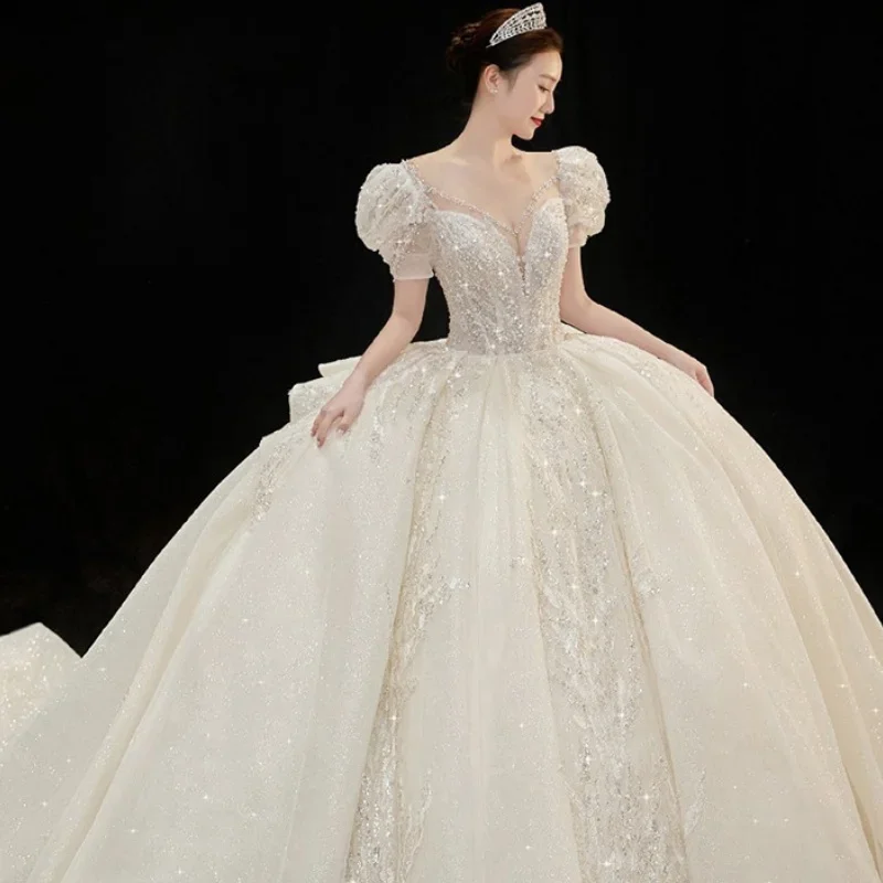 Customized Wedding Dress White V-neck Short Puff Sleeve Beads Pearl Bling Princess Lace up Plus size Women Bride Ball Gown FH021
Customized Wedding Dress White V-neck Short Puff Sleeve Beads Pearl Bling Princess Lace up Plus size Women Bride Ball Gown FH021