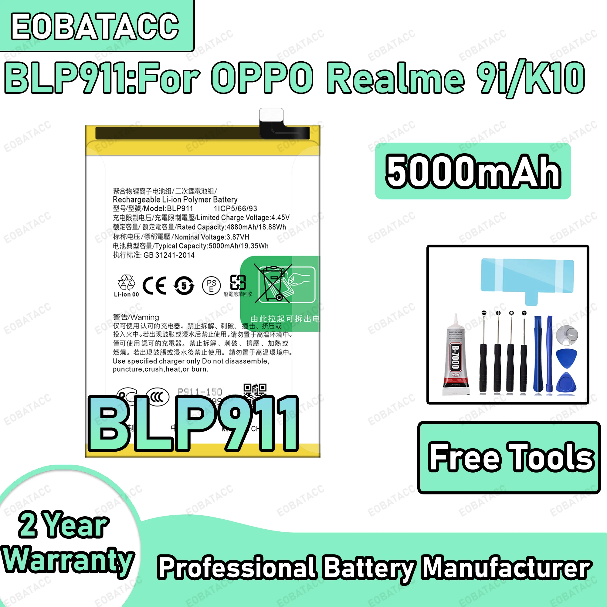 5000mAh 100% New BLP911 Battery For OPPO Realme 9i/K10 Replacement Bateria+Free Tools
5000mAh 100% New BLP911 Battery For OPPO Realme 9i/K10 Replacement Bateria+Free Tools