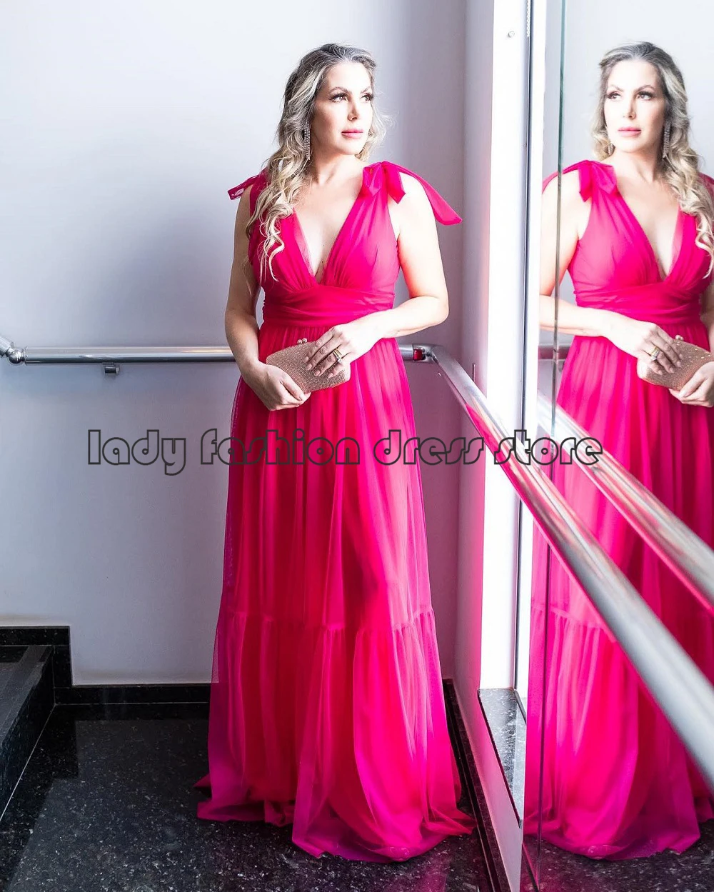 Tulle Floor Length A Line V Neck Hot Pink Sleeveless Evening Gown Formal Party Dresses 2022
Tulle Floor Length A Line V Neck Hot Pink Sleeveless Evening Gown Formal Party Dresses 2022