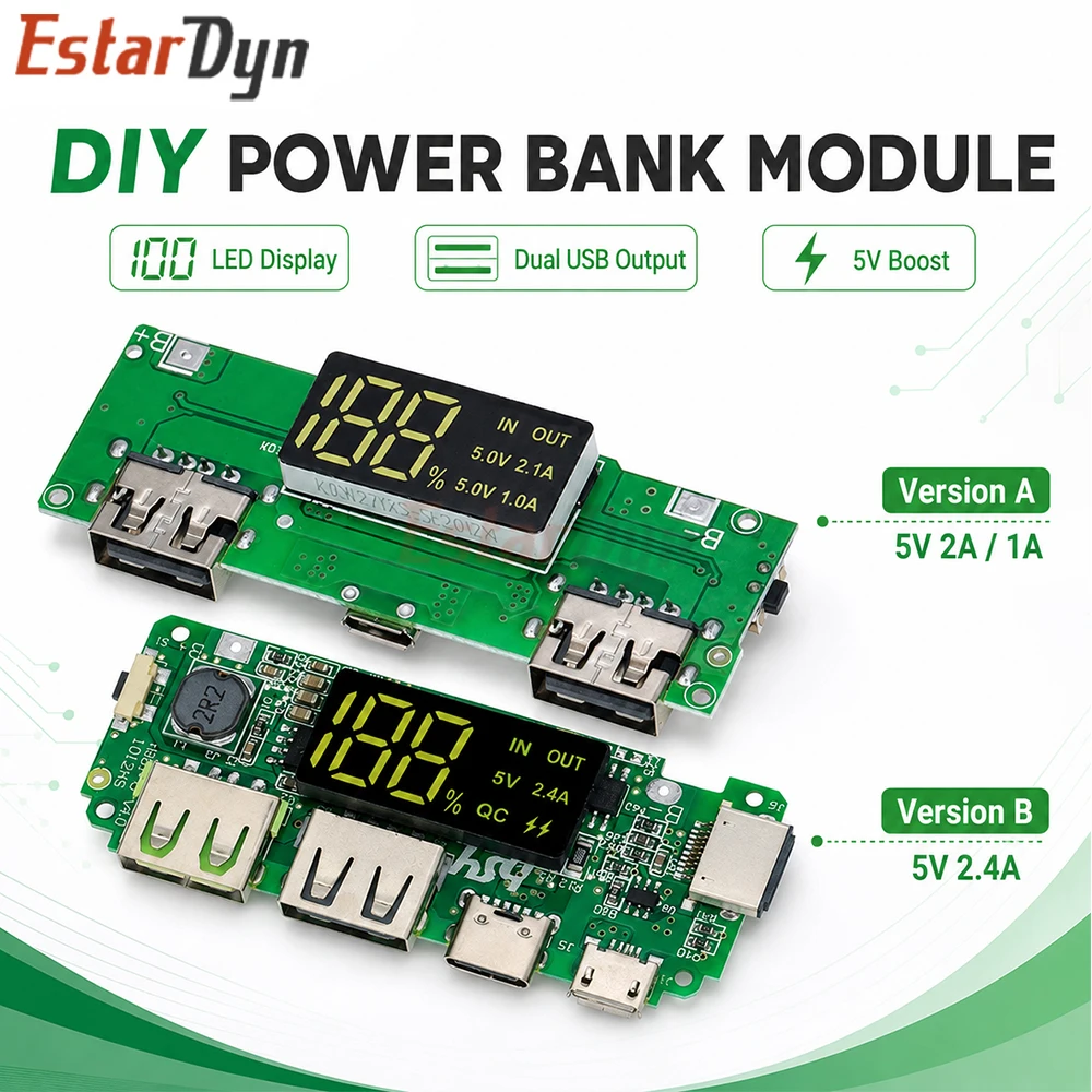 EstarDyn LED 18650 Mobile Power Bank Module 5V Boost Dual USB Micro Type-C Lithium Charger Board 2A/1A or 2.4A
EstarDyn LED 18650 Mobile Power Bank Module 5V Boost Dual USB Micro Type-C Lithium Charger Board 2A/1A or 2.4A