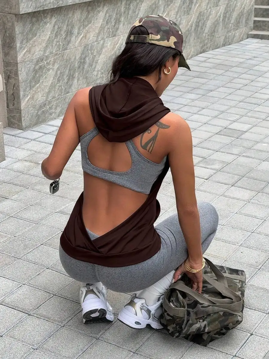 Womens Sleeveless Hooded Backless Yoga Top With Drawstring Grey Activewear
Womens Sleeveless Hooded Backless Yoga Top With Drawstring Grey Activewear