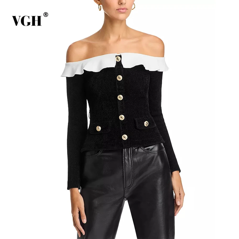 VGH Vintage Hit Color Slimming Spliced Button T Shirts For Women Slash Neck Off The Shoulder Sleeve Temperament T Shirt Female
VGH Vintage Hit Color Slimming Spliced Button T Shirts For Women Slash Neck Off The Shoulder Sleeve Temperament T Shirt Female