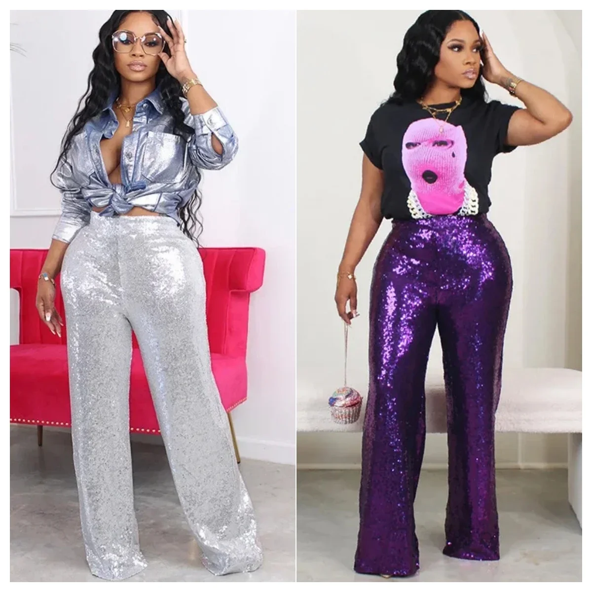 

Women Fashion Christmas Sequins Wide Leg Pants with Lining Zipper High Waist Loose Casual Trousers Y2K Party Clubwear Bottoms