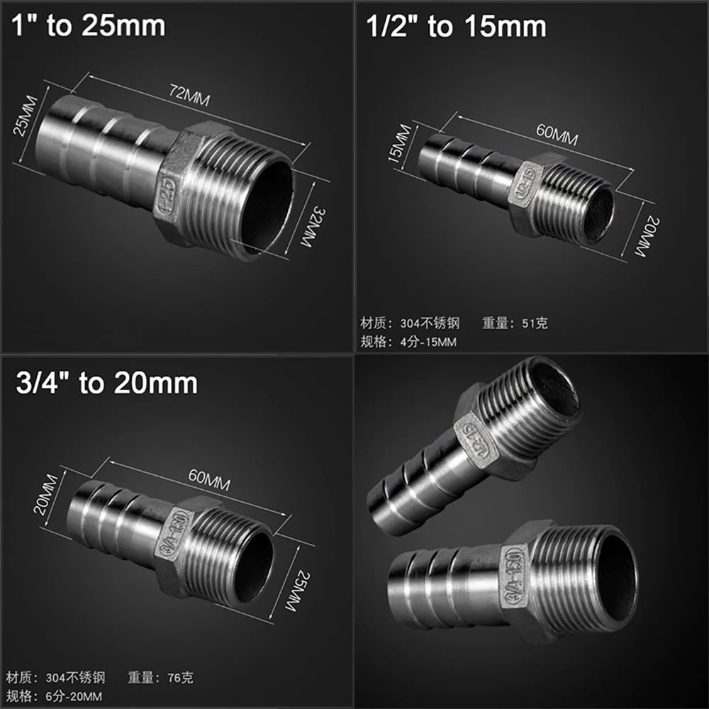 Hose Barb 1/2" to 15mm, 3/4" to 20mm, 1" to 25mm BSPT Male Thread 304 316 Stainless Steel Hex Nipple Pipe Fitting Connector
Hose Barb 1/2" to 15mm, 3/4" to 20mm, 1" to 25mm BSPT Male Thread 304 316 Stainless Steel Hex Nipple Pipe Fitting Connector