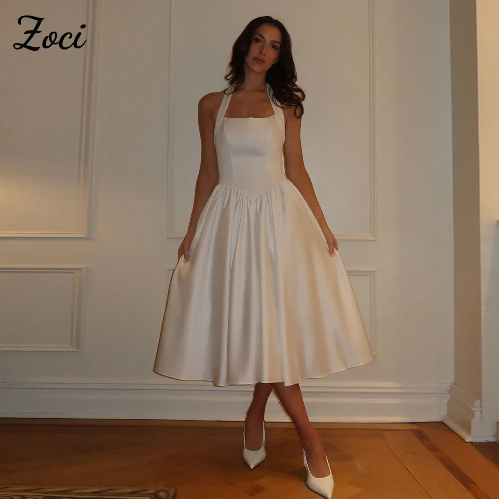 Zoci Simple Halter Prom Dresses Sleeveless Wide Straps Arabic Dubai Evening Party Gown Customized Tea Length vestidos de festa
Zoci Simple Halter Prom Dresses Sleeveless Wide Straps Arabic Dubai Evening Party Gown Customized Tea Length vestidos de festa