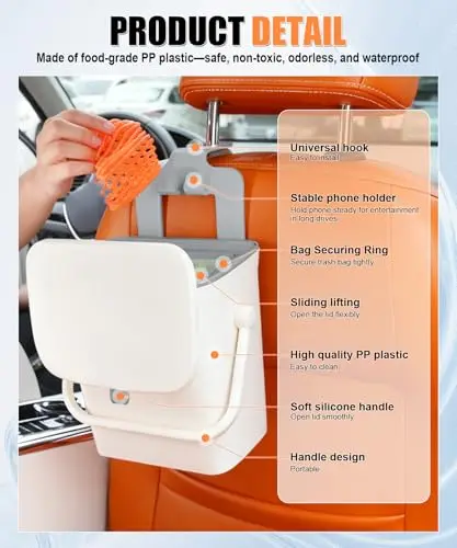 Universal Car Trash Bin With Lid, Phone Holder And Secure Bag Ring – Waterproof PP Plastic Hanging Organizer For Vehicle
Universal Car Trash Bin With Lid, Phone Holder And Secure Bag Ring – Waterproof PP Plastic Hanging Organizer For Vehicle