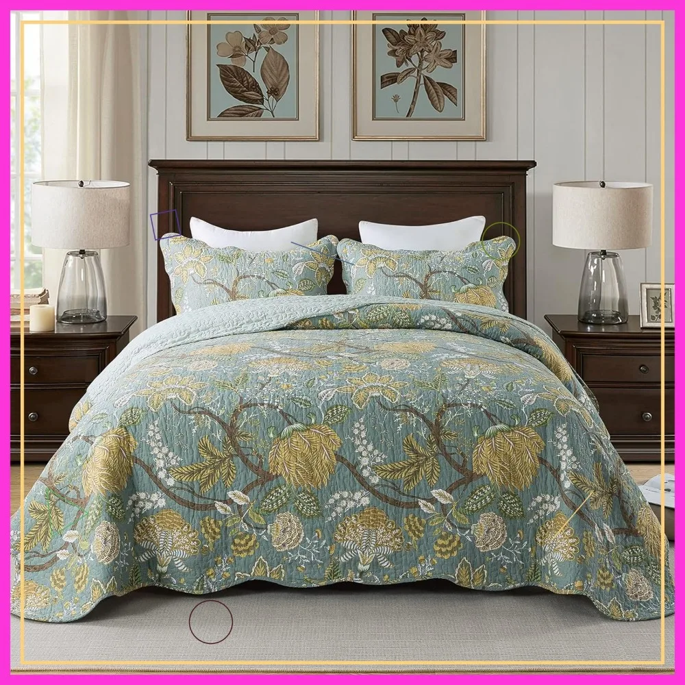 3-Piece Floral Quilt Set, Cotton Coverlet with Shams, Queen Size, All-Season Green Vine Design
3-Piece Floral Quilt Set, Cotton Coverlet with Shams, Queen Size, All-Season Green Vine Design