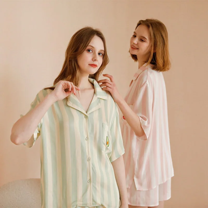 Summer 2023 Women's Striped Satin Loungewear - Pocket Embroidery Lapel Short Sleeves Shorts Pajama Set Viscose Sleepwear 2 Piece
Summer 2023 Women's Striped Satin Loungewear - Pocket Embroidery Lapel Short Sleeves Shorts Pajama Set Viscose Sleepwear 2 Piece