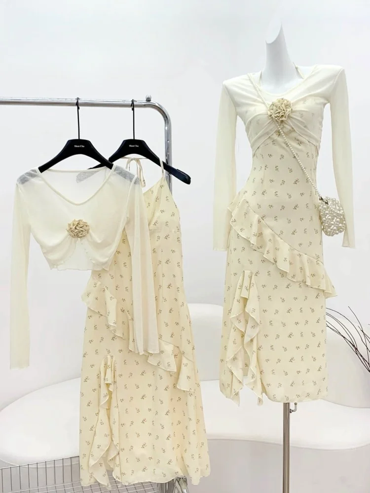 Женский комплект из двух предметов, элегантное винтажное платье миди без рукавов с лямкой на шее и оборками + короткая блузка с длинным рукавом, осень
Женский комплект из двух предметов, элегантное винтажное платье миди без рукавов с лямкой на шее и оборками + короткая блузка с длинным рукавом, осень