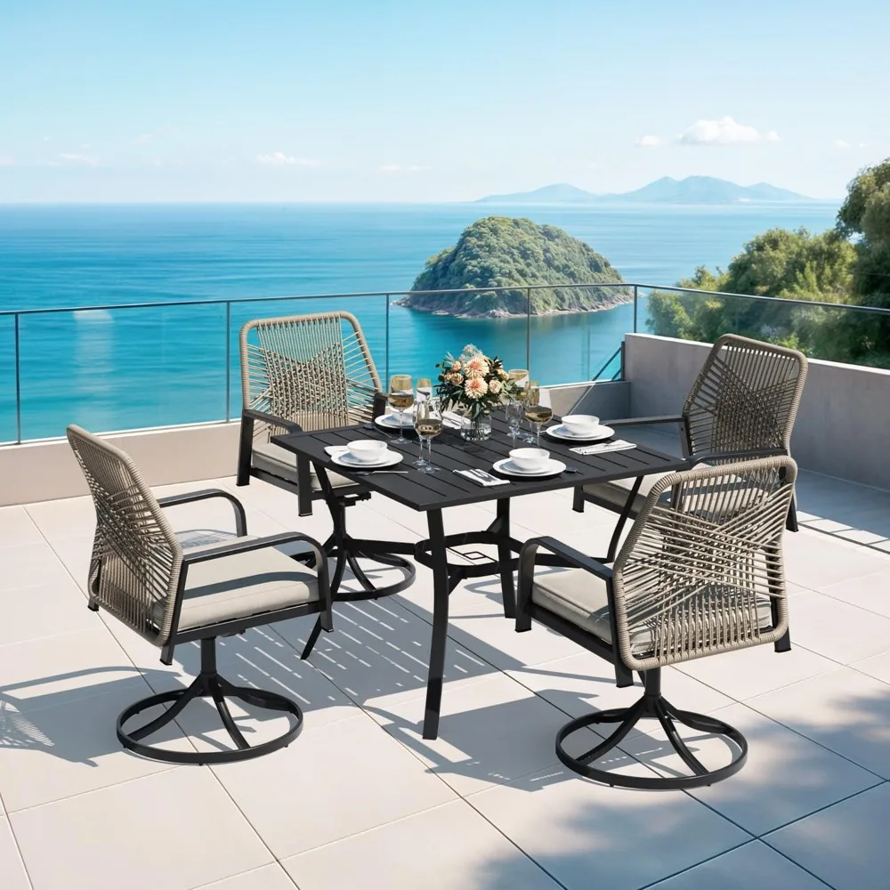 5 Pcs Outdoor Dining Set, 4 Swivel Rattan Chairs with Thick Cushions & 37''x37'' Square Dining Table with Umbrella Hole.
5 Pcs Outdoor Dining Set, 4 Swivel Rattan Chairs with Thick Cushions & 37''x37'' Square Dining Table with Umbrella Hole.